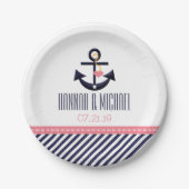 ピンクとネイビー航海のいかり結婚ズ ペーパープレート (正面)