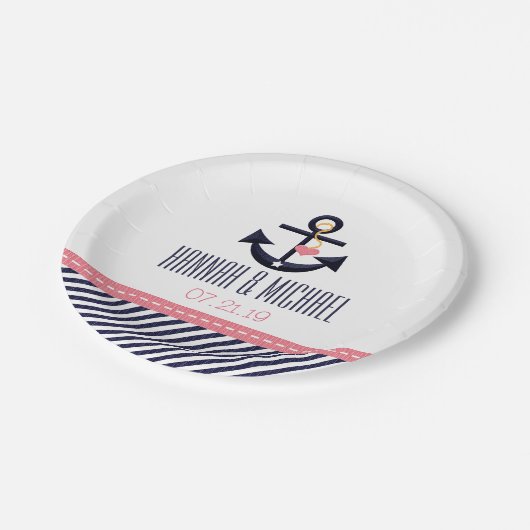 ピンクとネイビー航海のいかり結婚ズ ペーパープレート (アングル)