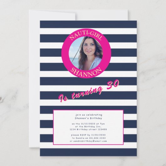 ピンクとネイビー航海のズのストライプ誕生日パーティー 招待状 (正面)