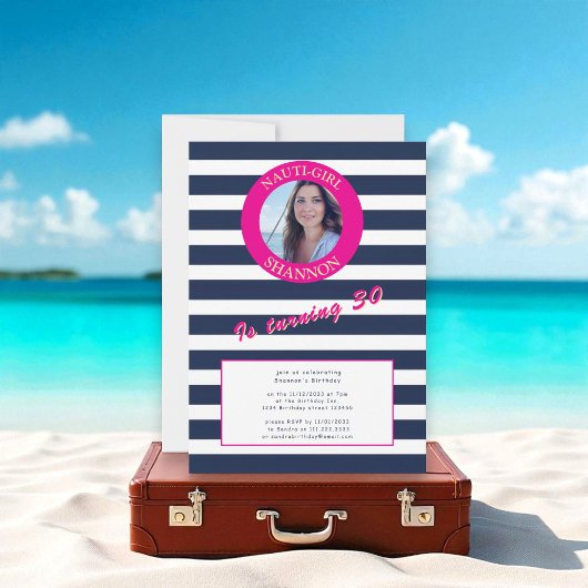 ピンクとネイビー航海のズのストライプ誕生日パーティー 招待状