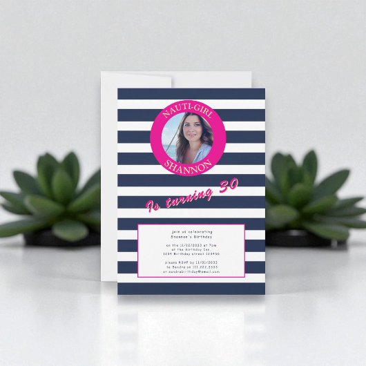 ピンクとネイビー航海のズのストライプ誕生日パーティー 招待状