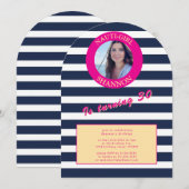 ピンクとネイビー航海のズのストライプ誕生日パーティー 招待状 (正面/裏面)