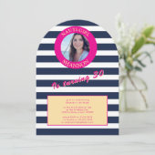 ピンクとネイビー航海のズのストライプ誕生日パーティー 招待状 (スタンド正面)