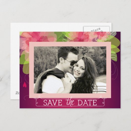 ピンクとバイオレットのフローラ日付の保存 案内ポストカード (正面/裏面)