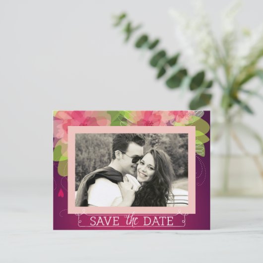 ピンクとバイオレットのフローラ日付の保存 案内ポストカード (スタンド正面)