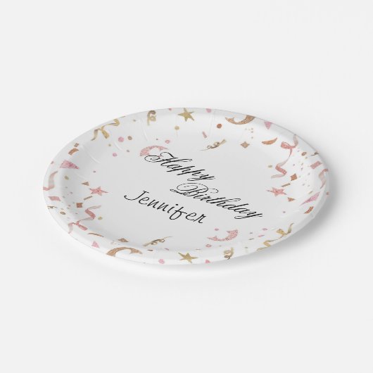 ピンクとバラの金ゴールドグリッター紙吹雪 ペーパープレート (アングル)