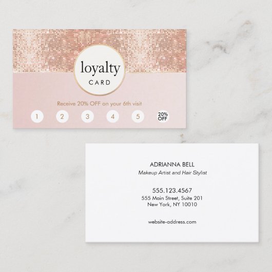 ピンクとバラの金ゴールドシークインサロン6パンチロイヤリティ ロイヤリティカード (正面/裏面)