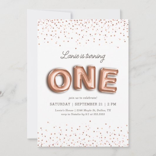 ピンクとバラの金ゴールドバルーングリッター1st誕生日 招待状 (正面)