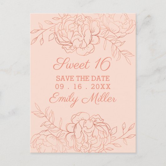 ピンクとバラの金ゴールドファインアートフローラ日付の保存 案内ポストカード (正面)