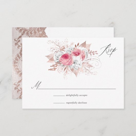 ピンクとバラの金ゴールドフローラとレース 出欠カード (正面/裏面)