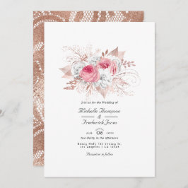 ピンクとバラの金ゴールドフローラとレースQRコード結婚s 招待状