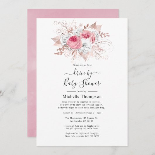 ピンクとバラの金ゴールドフローラドライブ(シャワー付) 招待状 (正面/裏面)