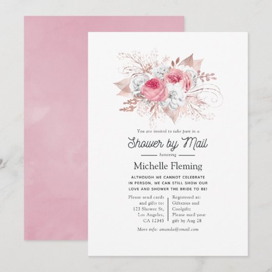 ピンクとバラの金ゴールドフローラブライダルシャワーbyメール 招待状 (正面/裏面)