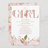 ピンクとバラの金ゴールドフローラベビーシャワー 招待状 (正面/裏面)