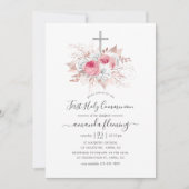 ピンクとバラの金ゴールドフローラ第1聖餐式 招待状 (正面)