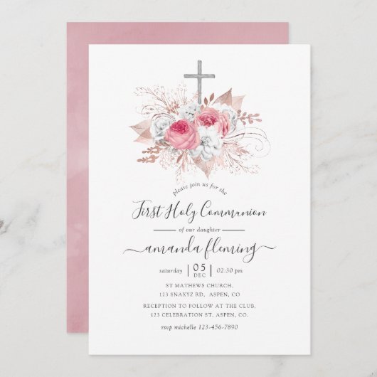 ピンクとバラの金ゴールドフローラ第1聖餐式 招待状 (正面/裏面)