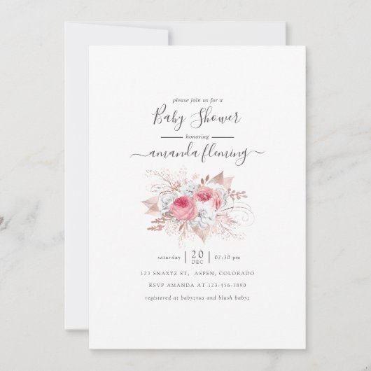 ピンクとバラの金ゴールドフローラ赤ちゃんシャワー 招待状 (正面)