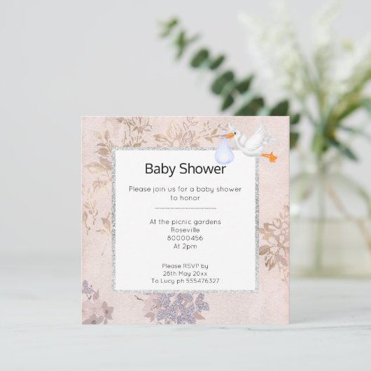 ピンクとバラの金ゴールドブルーモダンコウノトリ赤ちゃんシャワー 招待状 (スタンド正面)