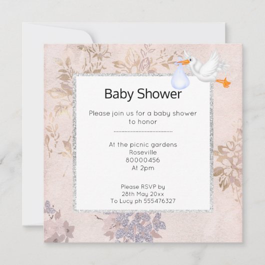 ピンクとバラの金ゴールドブルーモダンコウノトリ赤ちゃんシャワー 招待状 (正面)