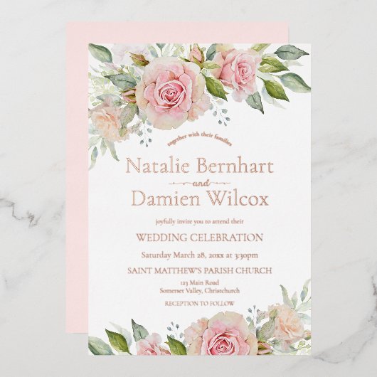 ピンクとバラの金ゴールド結婚フローラの箔招待状 箔招待状 (正面/裏面)