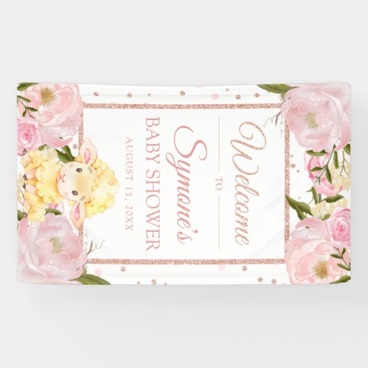 ピンクとバラの金ゴールド羊カスタムの赤ちゃんシャワーバナー 横断幕 (横)