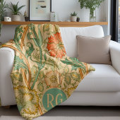 ピンクとバラウィリアムモリスモノグラムパーソナライズされた フリースブランケット