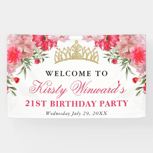 ピンクとバラ色の夏の花の誕生日 横断幕 (横)