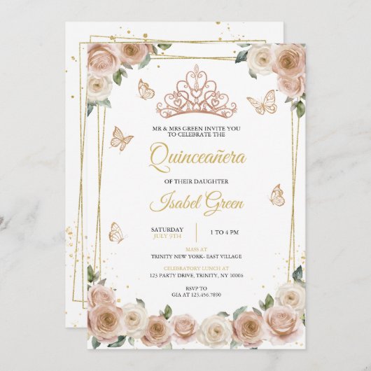 ピンクとバラ金ゴールドキンセアニラ 招待状 (正面/裏面)