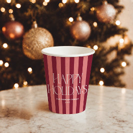 ピンクとバーガンディのストライプ ハッピー・ホリデー クリスマス 紙コップ