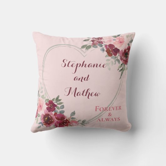 ピンクとバーガンディの花のハートのオーダーメイド クッション (裏面)