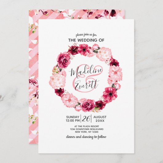 ピンクとバーガンディの花輪の結婚式招待状 招待状 (正面/裏面)