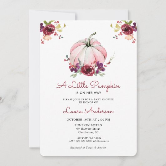 ピンクとバーガンディフローラカボチャ赤ちゃんシャワー 招待状 (正面)