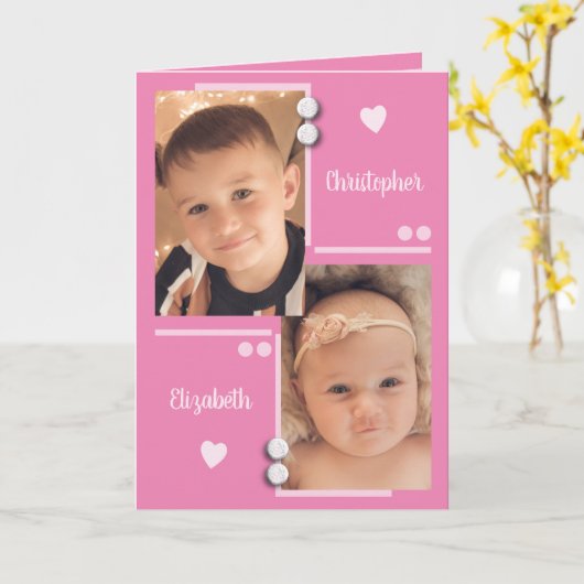 ピンクとパステル任意の大事な行事写真 カード (黄色い花)