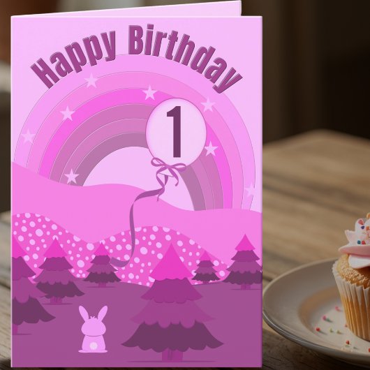 ピンクとパープルのうさぎと虹の1歳の誕生日 カード