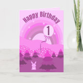 ピンクとパープルのうさぎと虹の1歳の誕生日 カード (正面)