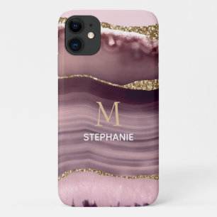 ピンクとパープルのアゲートジオードモノグラム名入り iPhone 11 ケース
