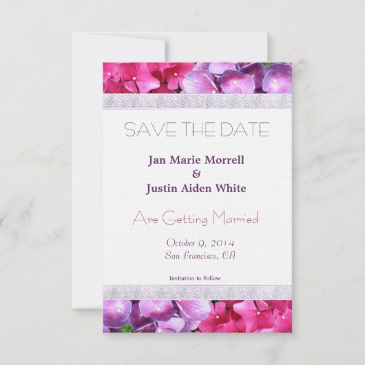 ピンクとパープルのアジサイの結婚発表 セーブザデート (正面)