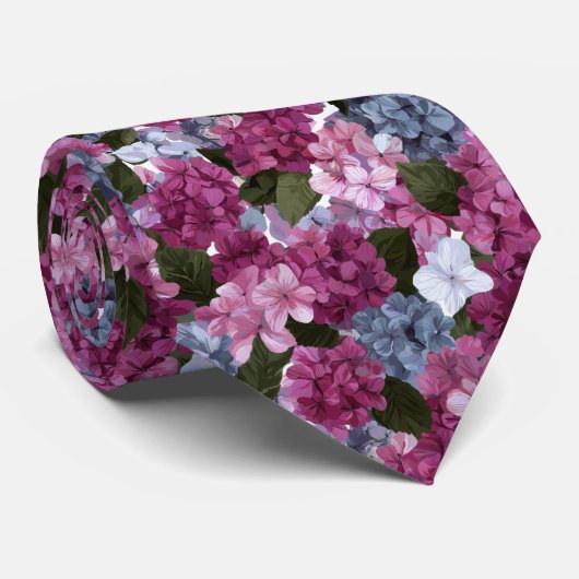 ピンクとパープルのアジサイの花柄 ネクタイ (ロール)