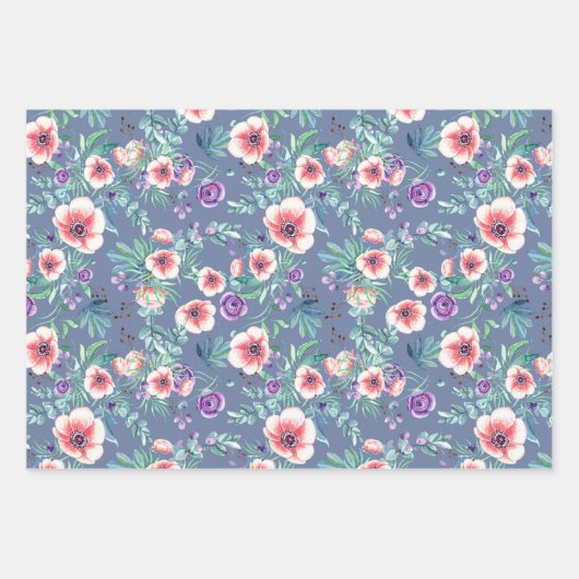 ピンクとパープルのアネモネ 春の屋外 ブライダルシャワー ラッピングペーパーシート (正面3)