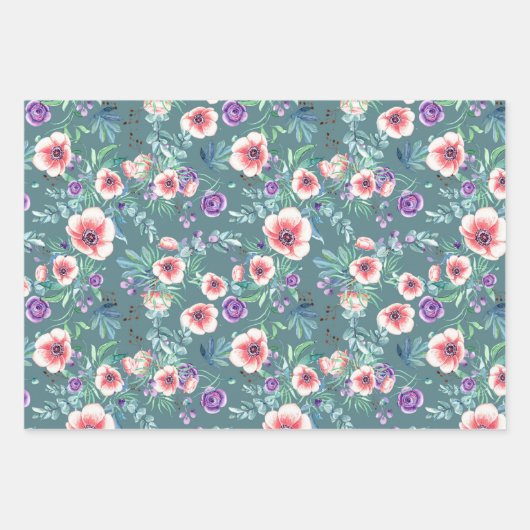 ピンクとパープルのアネモネ 春の屋外 ブライダルシャワー ラッピングペーパーシート (正面2)