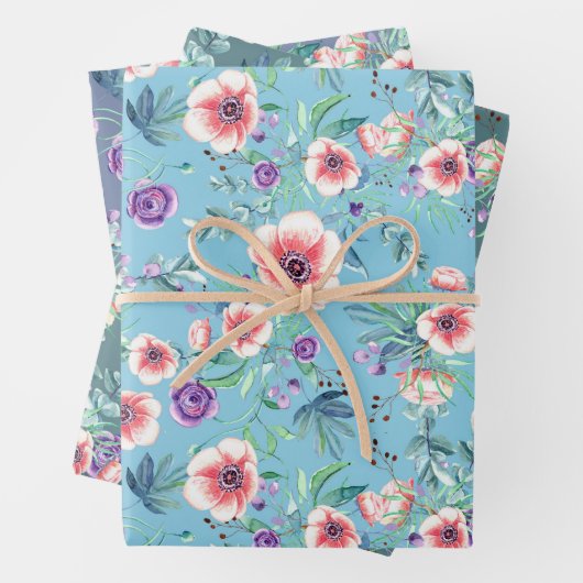 ピンクとパープルのアネモネ 春の屋外 ブライダルシャワー ラッピングペーパーシート (インサイチュ)