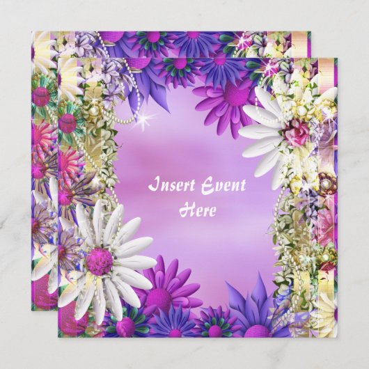 ピンクとパープルのウェディング バースディ エンゲージメント 招待状 (正面/裏面)