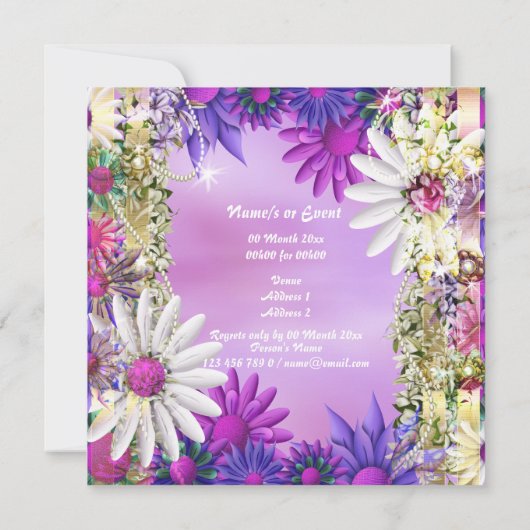 ピンクとパープルのウェディング バースディ エンゲージメント 招待状 (裏面)