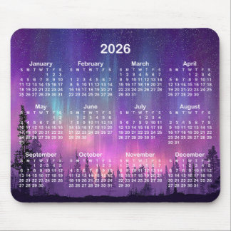 ピンクとパープルのオーロラ 2026年カレンダー マウスパッド
