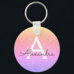 ピンクとパープルのグリッター & スパークル モノグラム フェイバー キーホルダー<br><div class="desc">ゴールド、オレンジ、ピンク、パープルのパステル オンブレ 偽のグリッターとスパークル エレガント キーチェーン。これらのキーチェーンは、イニシャルと名前をカスタマイズして含めることができ、結婚式前のシャワー、独身最後のバチェロレッテ パーティー、または誕生日パーティーのお土産として最適です。</div>