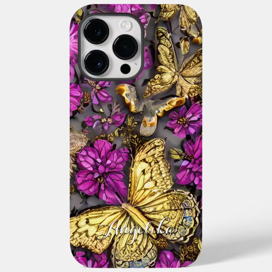 ピンクとパープルのゴールドの蝶々 名前入り Case-Mate iPhoneケース (裏面)