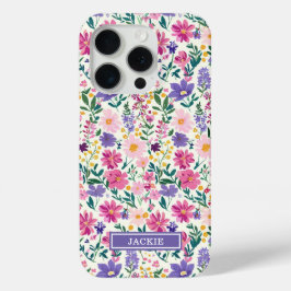 ピンクとパープルのダイジー柄モノグラム iPhone 15 PROケース