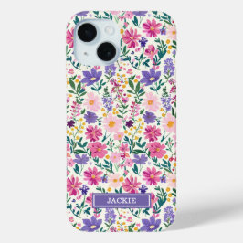 ピンクとパープルのダイジー柄モノグラム iPhone 15ケース