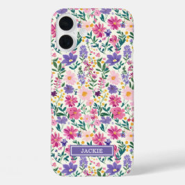 ピンクとパープルのダイジー柄モノグラム iPhone 16 PLUSケース