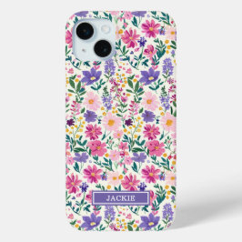 ピンクとパープルのダイジー柄モノグラム iPhone 15 MINIケース